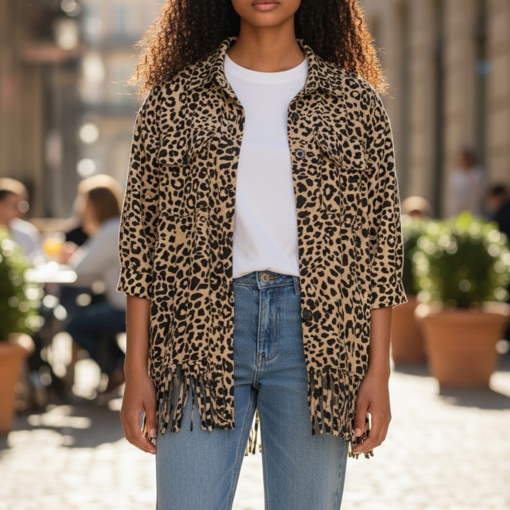 Cato Leopard Print Fringe Button-Up Jacket - Tan & Black